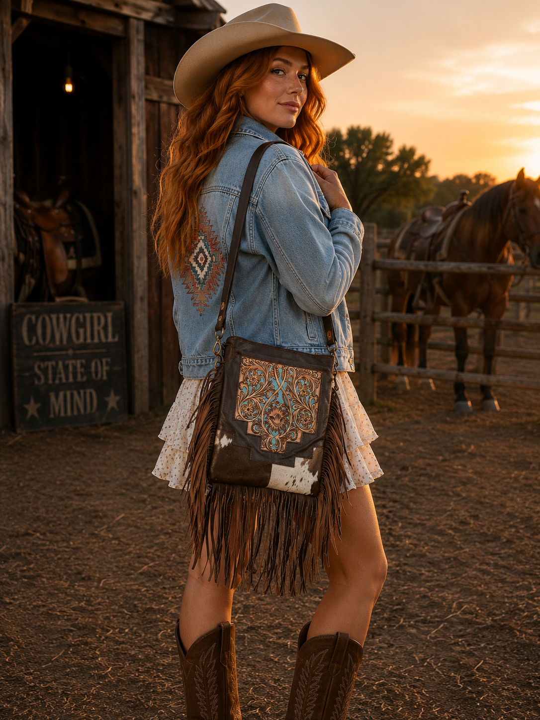 Tooled leather/ turquoise fringe