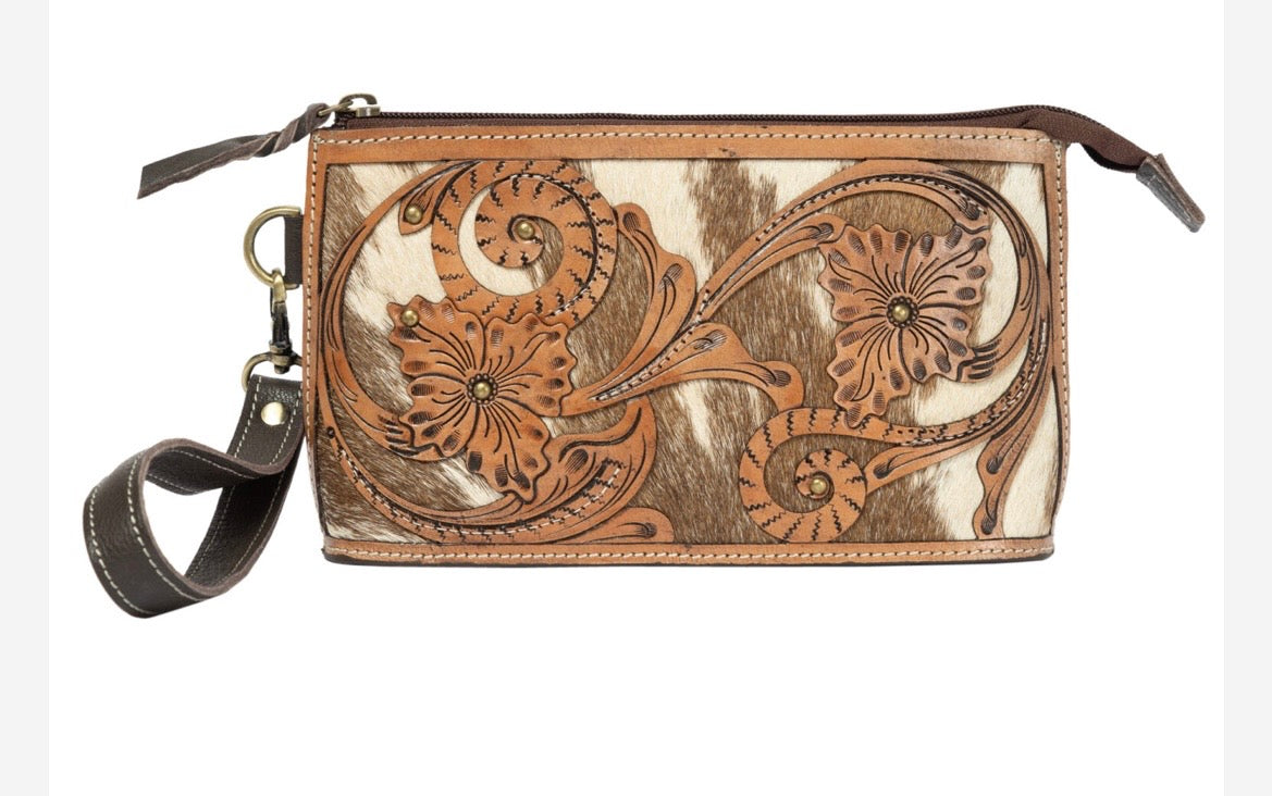 Cowhide clutch with tooled Cutwork