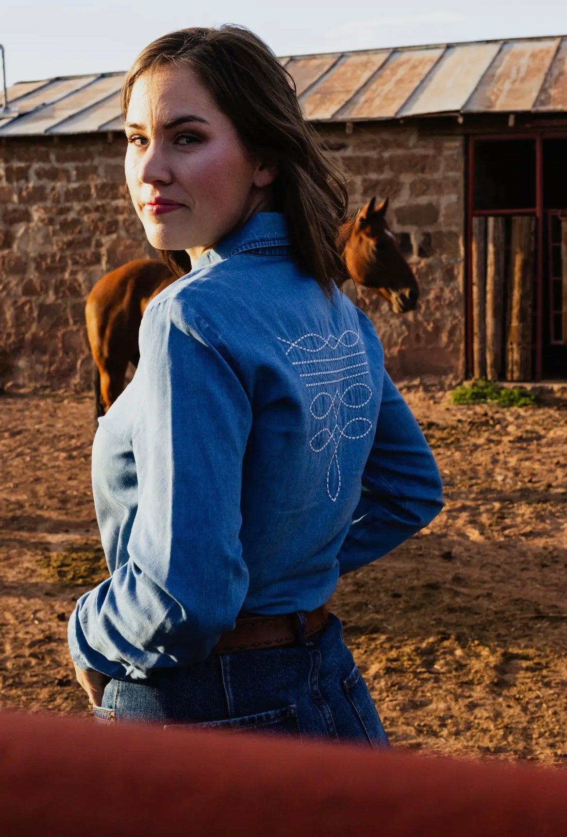 Denim embroidered button up